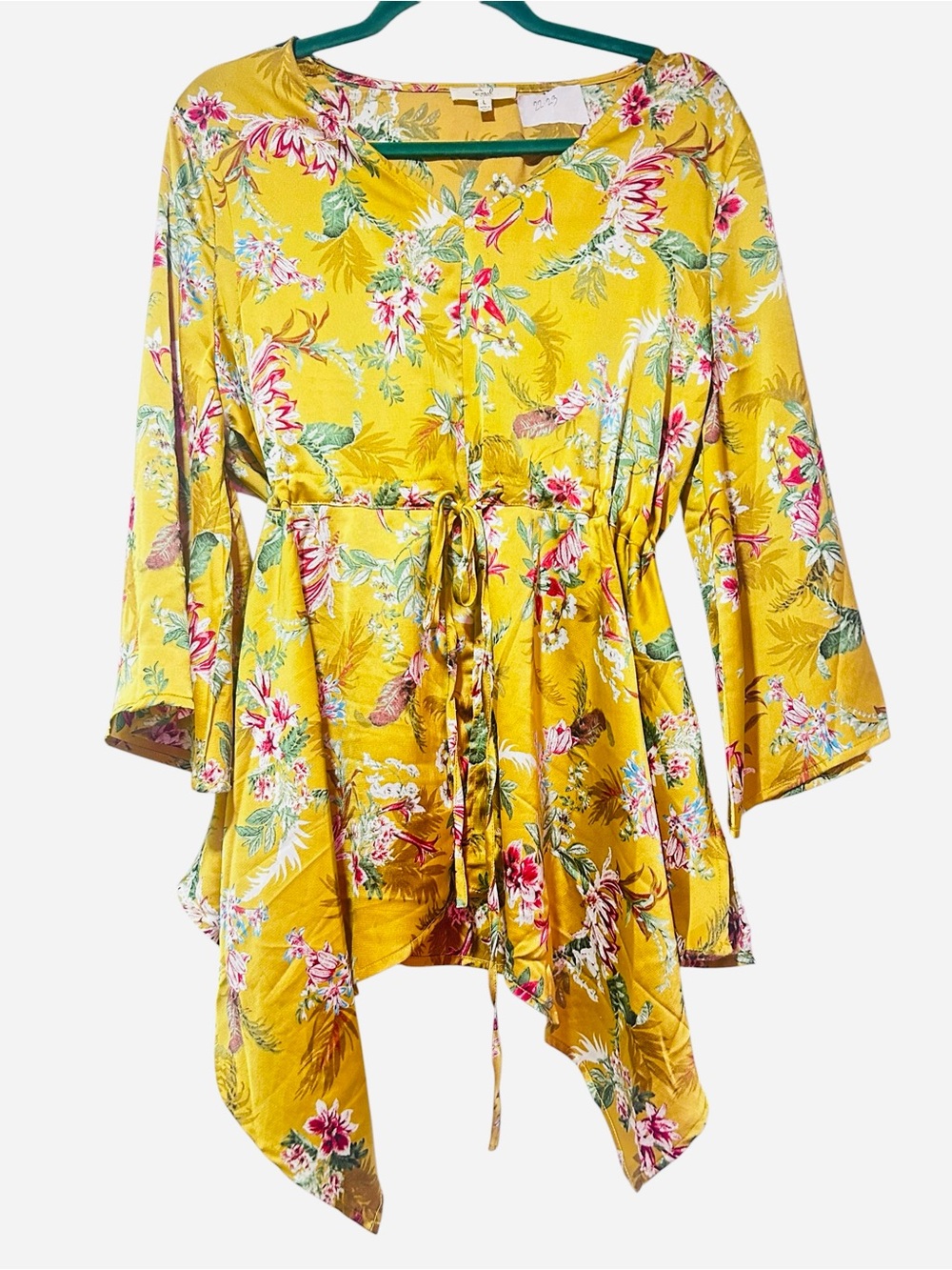 Easel Merida Mustard Floral Satin Bell Sleeve Boho Tunic Top L